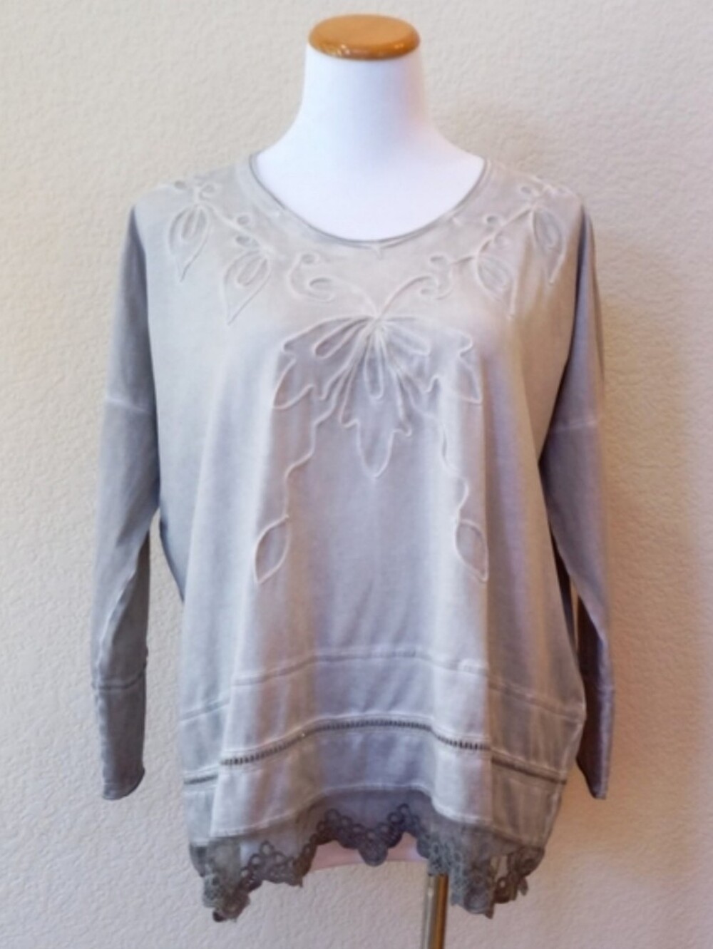 Gretty Zueger gray mineral wash oversized cotton top with a decorative lace trim